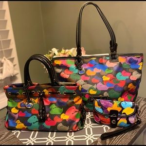 Dooney and Bourke Multi colored duck print tote, satchel & wristlet set of three
